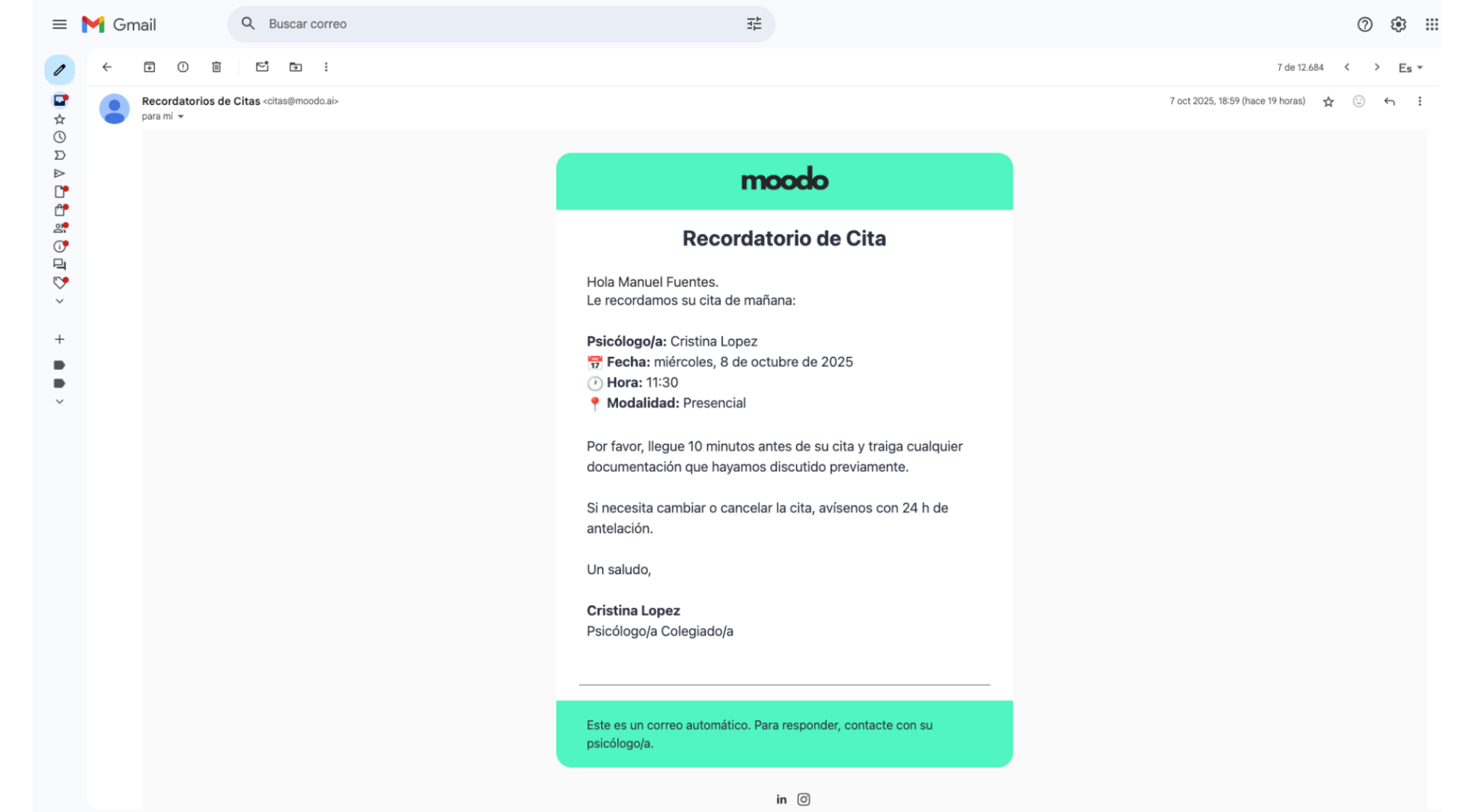 Recordatorios automáticos por WhatsApp y email