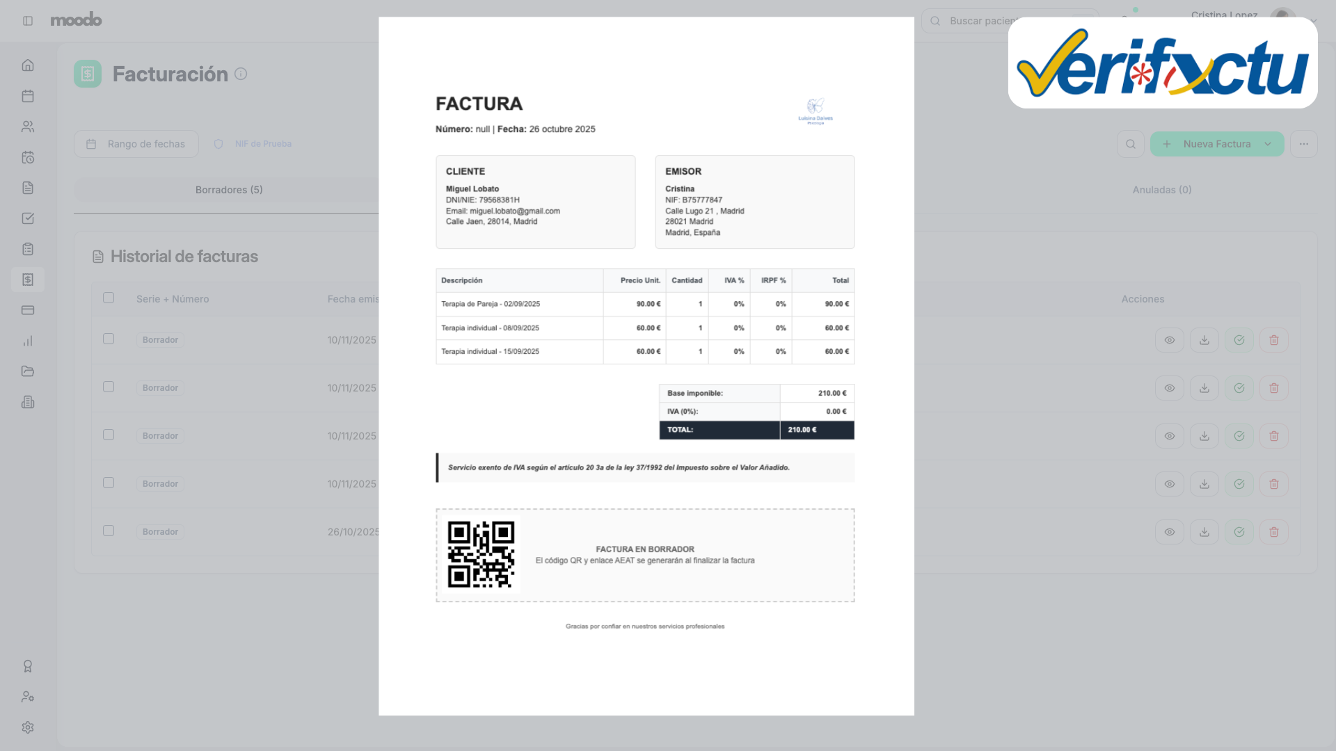 Software de facturación Verifactu para psicólogos - Facturas electrónicas moodo