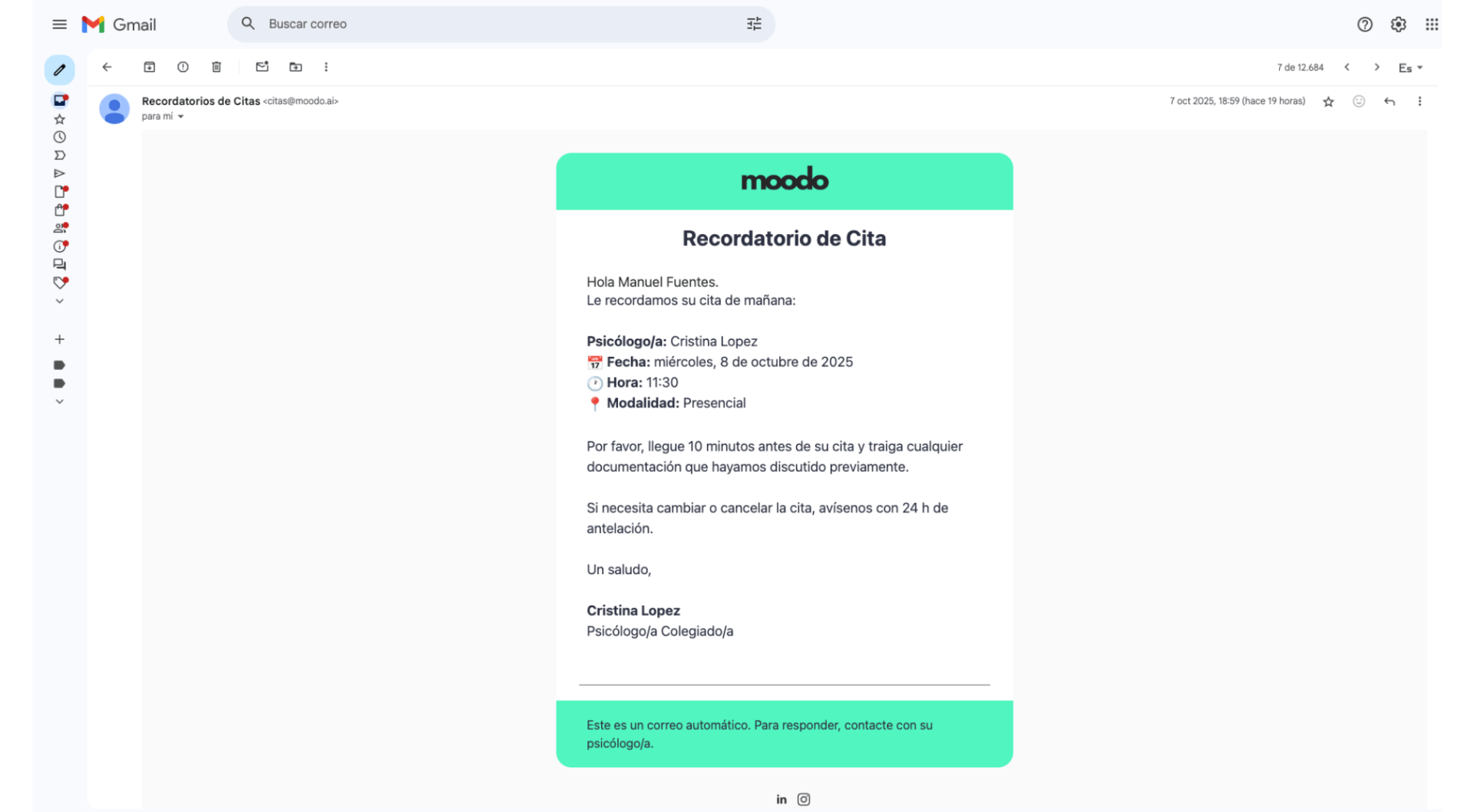 Sistema de recordatorios WhatsApp y email para pacientes - moodo