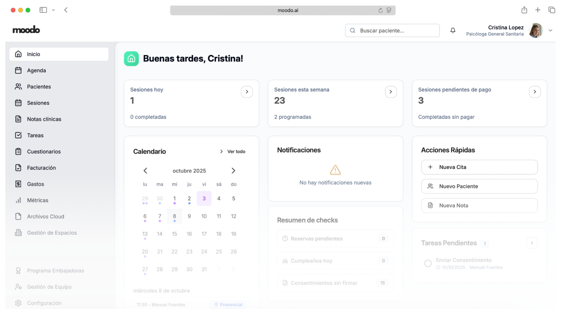 Moodo Dashboard Preview - Software de gestión para psicólogos con IA